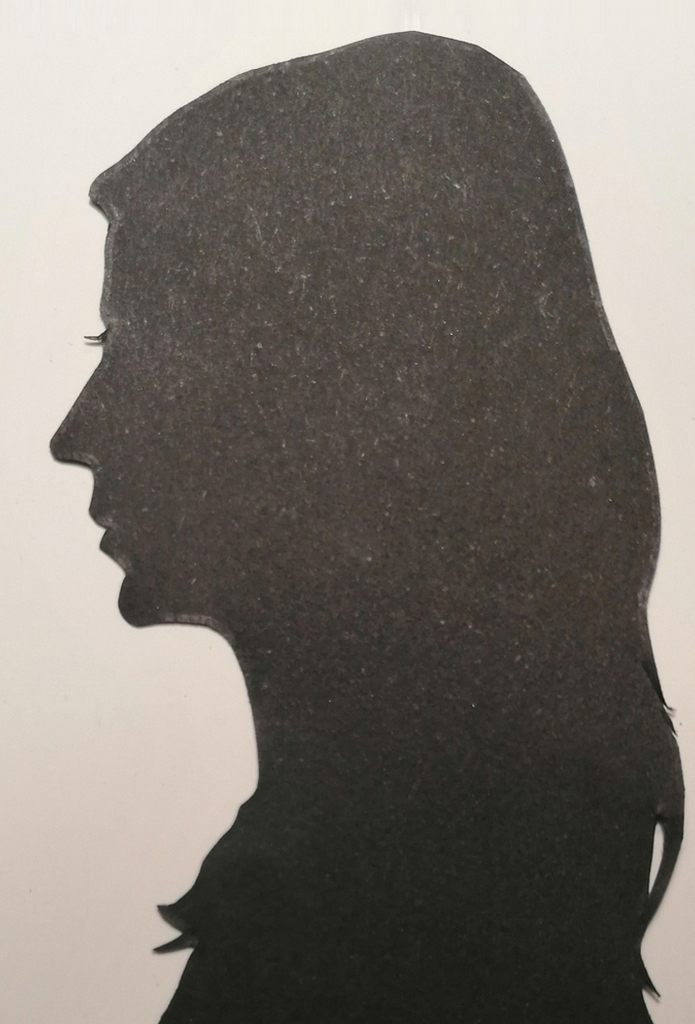 Silhouettte of a long-haired young woman in left-facing profile