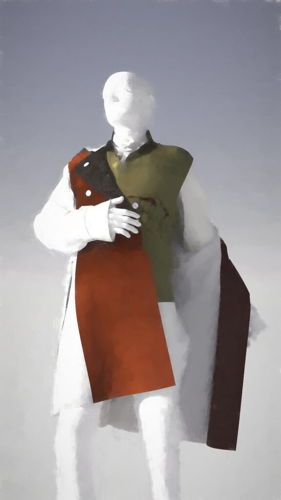 Digital modelling of a figure (white) wearing part of a coat and waistcoat
