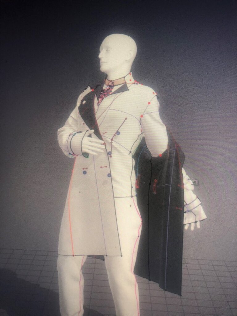 Digital modelling of a figure (white) wearing part of a coat and waistcoat