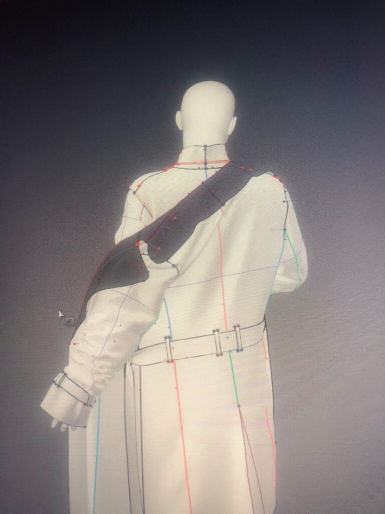 Digital modelling of a figure (white) wearing part of a coat and waistcoat (rear view_