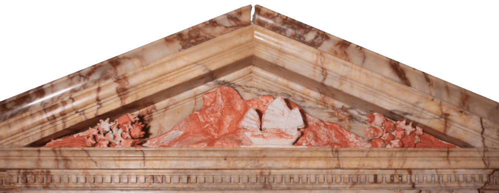 A marble pediment (triangular) inset with an orange clay outline of a mountain with a small, white clay  sampan sailing in front; ion the corners, clay poppies