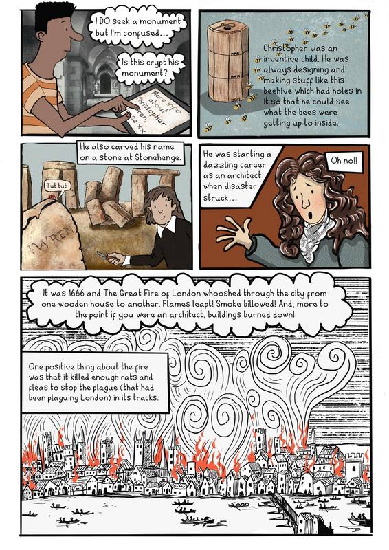 cartoon strip showing the narrator lookin gfor infornatio about Christopher Wren, with Wren, a beehive, Stonehenge and the Great Fire of London