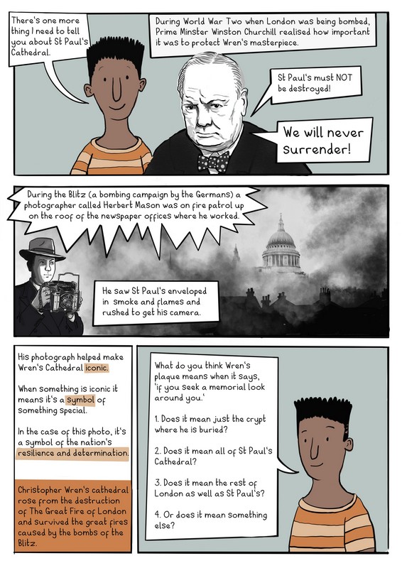 cartoon strip showig narrator with Winston Churchill and a view of St Paul's during the Blitz