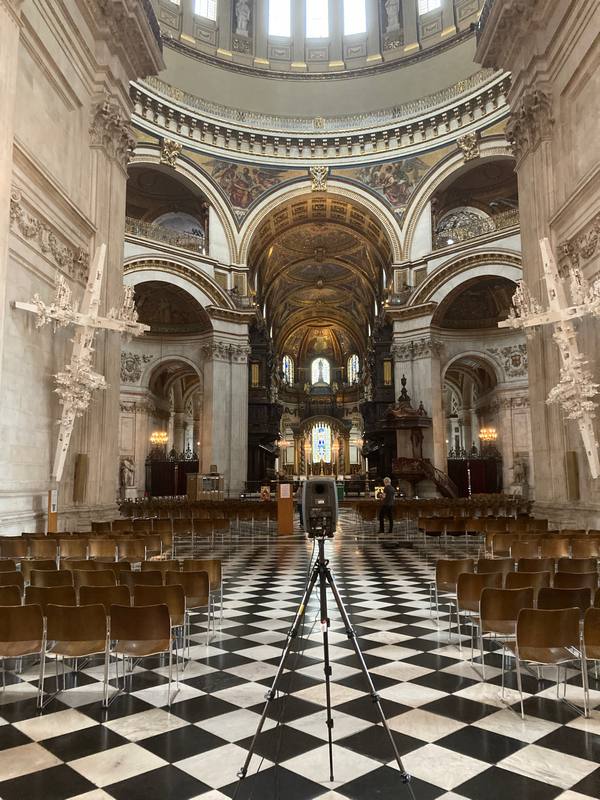 View down the nave of St Paul's Cathedral with a microphone on a tripod in the foreground