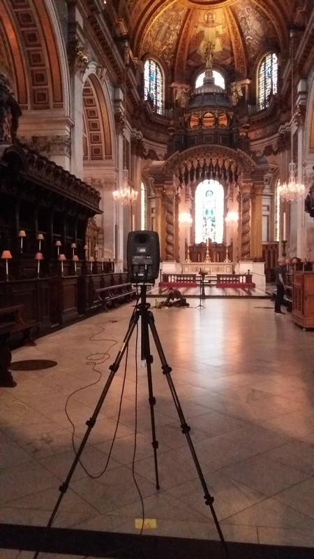View of the quire of St Paul's Cathedral with a microphone on a tripod in the foreground