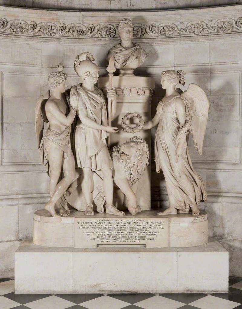 Free-standing white marble sculpture of three figures and a lion standing in front of a pedestal topped with the portrait bust of a man