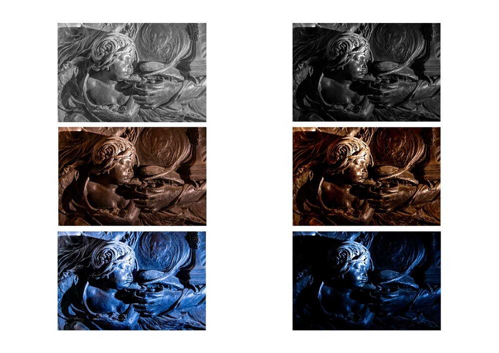Compilation of 6 images showing a sculpted bronze cherub in different hues and saturations (greys/browns/blues)